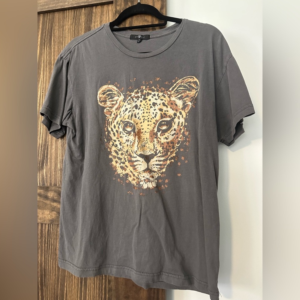 Gray, cheetah print tshirt.